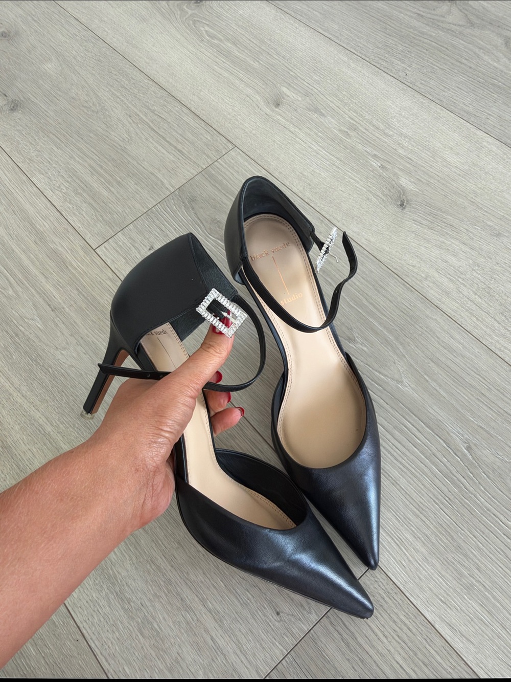 Black Pointed-Toe Mary Jane Heels with Crystal Buckles